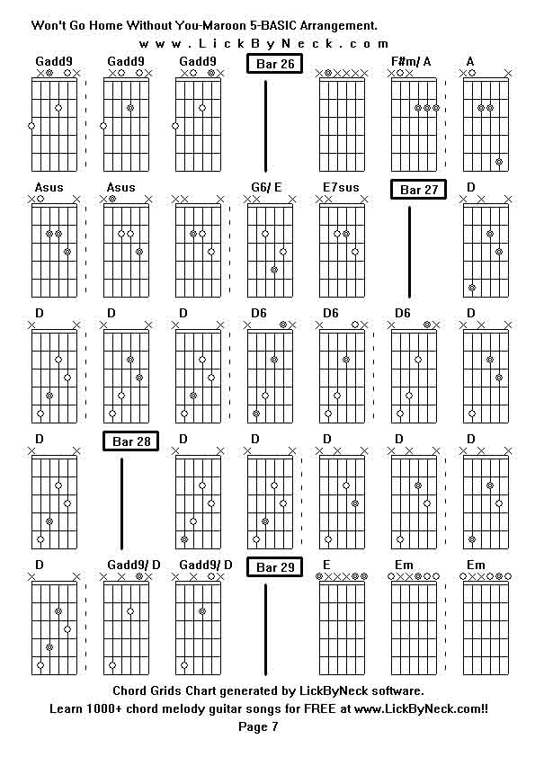 Chord Grids Chart of chord melody fingerstyle guitar song-Won't Go Home Without You-Maroon 5-BASIC Arrangement,generated by LickByNeck software.